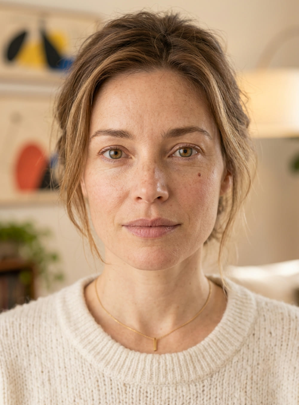 Maya, a calm woman at home, looking into the camera